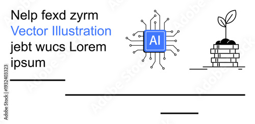 Artificial intelligence, digital technology, innovation, sustainability, green growth, environmental care. Features AI microchip and sprouting plant. Artificial intelligence and sustainability