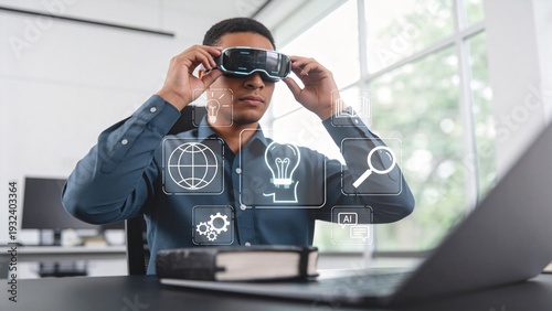 Young professional using virtual reality headset in modern office,augmented learning and immersive technology interface for innovation,education and digital transformation