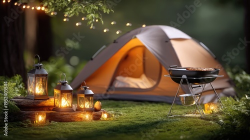Cozy Camping Scene with Tent, Lanterns, and Barbecue Grill in a Serene Forest Setting at Nighttime