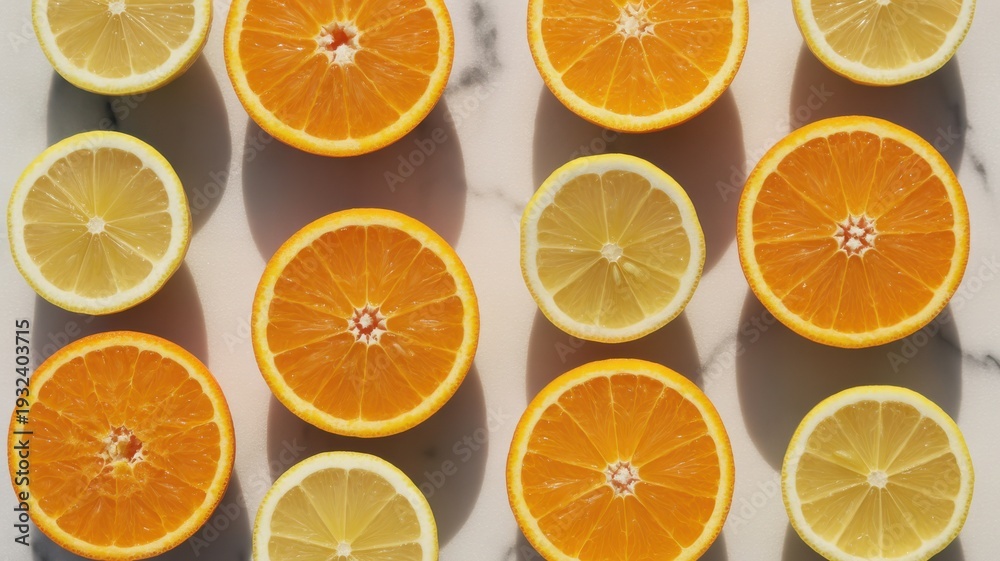 Obraz premium Top View of Sliced Lemons and Oranges Arranged in Rows on a White Marble Surface