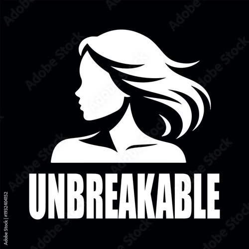 Empowered female figure with "Unbreakable" text, feminist design. Woman flexing muscles with sunburst background, power and pride. 