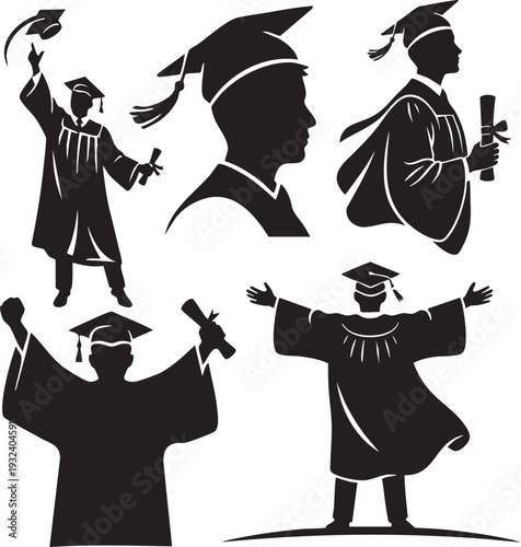 Graduation Silhouette Collection with Celebrating Graduates and Diploma – Black and White Vector Set