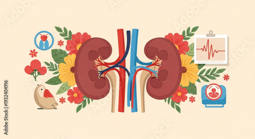 Human kidney anatomy with floral elements and medical icons for health and wellness concepts