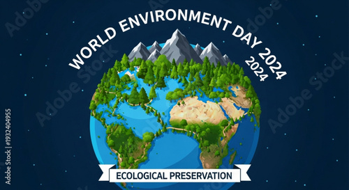World environment day 2024 ecological preservation concept with globe and mountains on starry night background