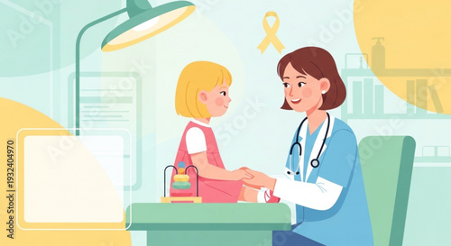 Young girl sitting at desk talking to female doctor or nurse in blue scrubs with stethoscope