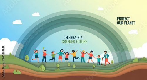 Diverse group of people celebrating a greener future under a large rainbow with protect our planet and celebrate a greener future text