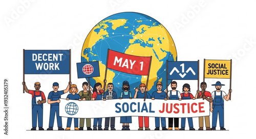 Diverse group of people holding social justice banners in front of a globe on a white background