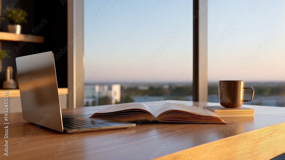 Fototapeta premium Cozy workspace with laptop, open book, and coffee cup beside window during sunset creating a serene atmosphere for productivity and relaxation