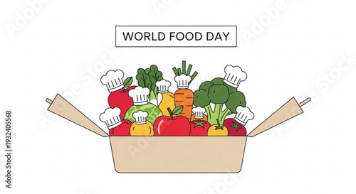 Colorful vegetables and fruits in cardboard box for world food day illustration