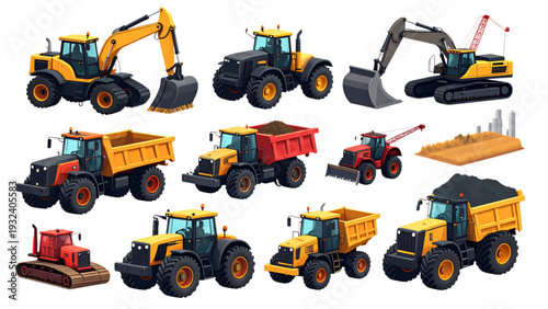 Construction and agriculture vehicle illustration set, black heavy machinery vector designs for building, excavation, transport, and farming equipment graphics