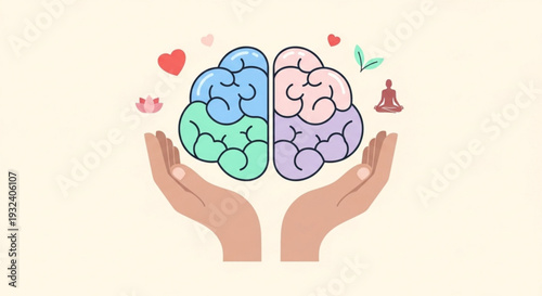 Hands holding colorful brain with heart and meditation symbols representing mental health and wellness