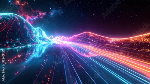 Glowing neon lights in mountainous landscape under a starry night