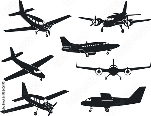 Airplane silhouette icon set featuring propeller planes and passenger jet aircraft in multiple angles, aviation transport vector collection isolated on white background