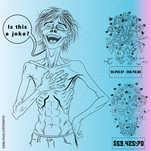 Stark Reality of Financial Disparity: Emaciated Man Laughs at Absurdity with Decaying Plants