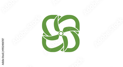 Green abstract swirling symbol with central circle.