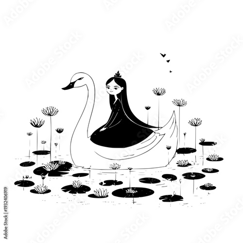 Woman in black dress riding swan surrounded by water lilies and flowers in serene lake scene elegant black and white illustration