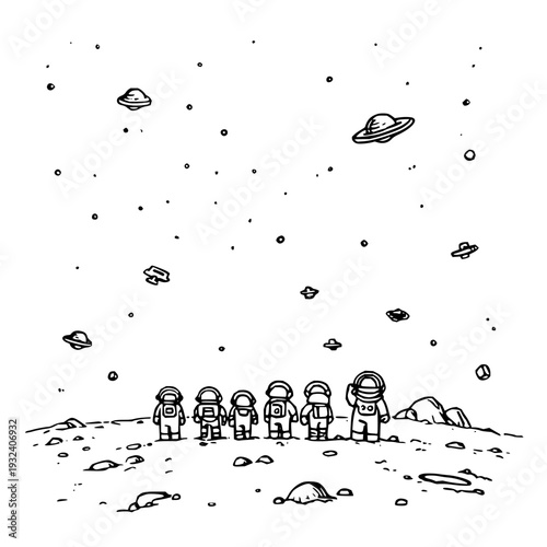 Whimsical group of diverse astronauts standing together on a rocky alien planet surface gazing up at a sky filled with numerous flying saucers and twinkling stars evoking a sense