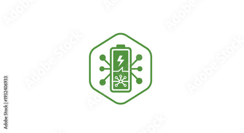 Green Battery Icon with Energy and Technology Symbols.