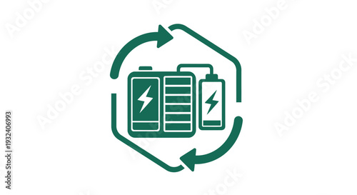 Green Battery Recycling Symbol with Arrows and Hexagon Outline.