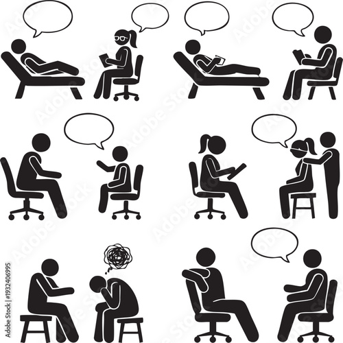 Therapy and Counseling Session Icon Set with Psychologist and Patient – Black Silhouette Vector Collection