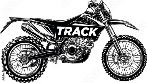 Detailed off road dirt bike track motorcycle vector illustration with mechanical parts and knobby tires, motocross racing bike design isolated on white background