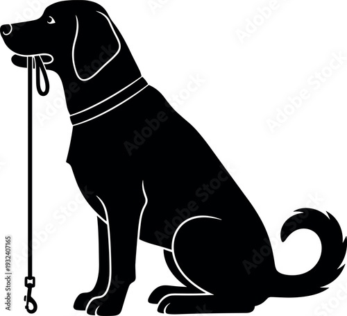 Dog with leash silhouette sitting obedient pet animal vector illustration, domestic canine training concept isolated on white background for veterinary, pet care, and dog owner design