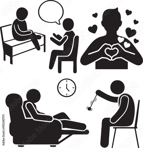 Psychotherapy and Emotional Support Icon Set with Counseling Session and Care Symbols – Black Silhouette Vector Collection