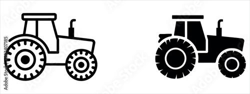 Modern Agricultural Tractor Icon Set with Outline and Solid Silhouette Symbols Vector Illustration.