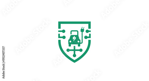 Green Electric Car Technology Shield Emblem Symbol.