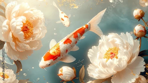Artistic koi fish swimming with white peonies in a serene, dreamy scene