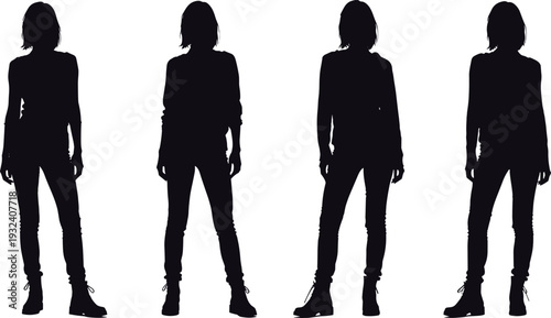 Young woman standing silhouette set in casual outfit and boots, full body female black shadow figures isolated on white background for fashion design