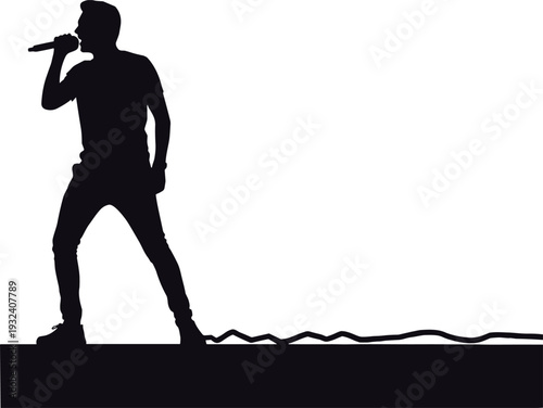 Male singer silhouette performing with microphone on stage, energetic live concert black shadow illustration isolated on white background for music and entertainment design