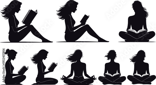 Woman reading book silhouette set in sitting and meditation poses, female study and relaxation black shadow illustration isolated on white background for design