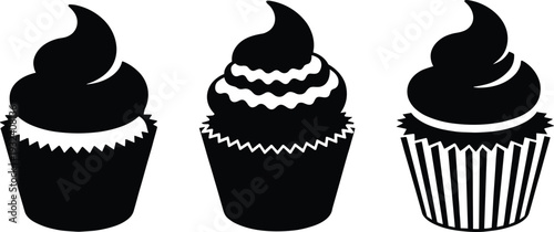 Cupcake silhouette set with frosting swirl and wrapper details, sweet bakery dessert icon collection isolated on white background for logo, menu, and vector design