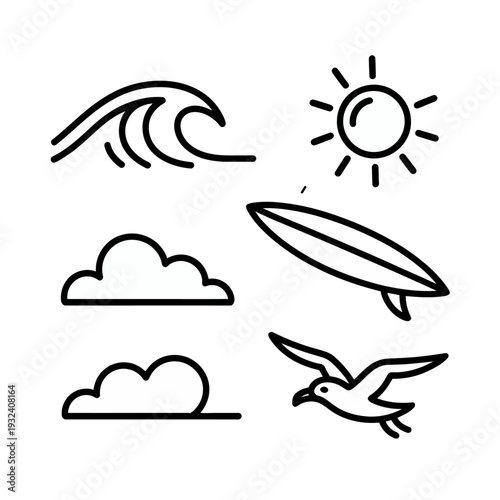 Black line beach with surfboard wave clouds