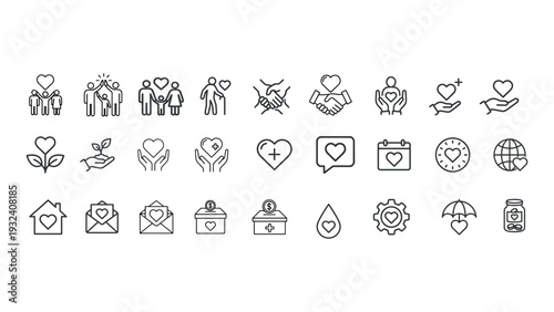 Charity and donation thin line icons set for volunteering and nonprofit. Thin vector pictograms pack for web infographic business social projects.