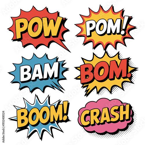 Colorful comic book explosion speech bubbles with action words 1