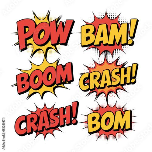 Comic book explosion sound effects in red and yellow