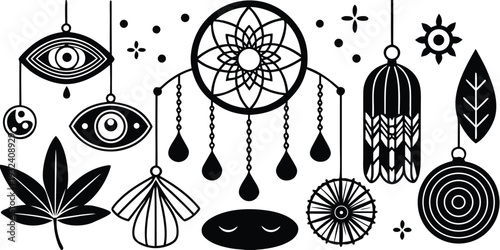 Dreamcatcher with eyes and feathers, mystical symbols