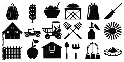 Black farm icons set, agriculture symbols, farming tools