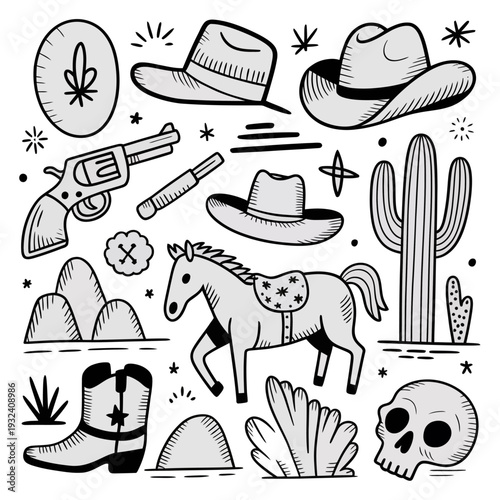 Western cowboy doodles with hats cactus horse and skull