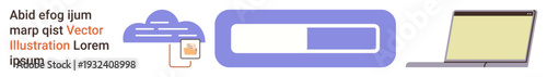 Data management, cloud technology, file uploading, digital workflow, online tools, remote work. Cloud with document, progress bar and laptop graphic. Data management and cloud technology concept