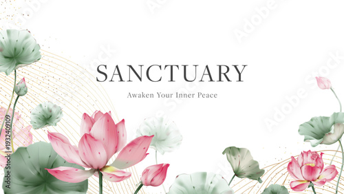 Floral banner featuring watercolor-style pink lotus flowers, green lily pads, gold stardust and flowing golden lines on a solid white background
