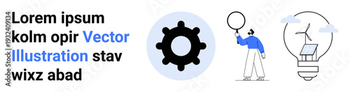 Gear symbol, person holding balloon, and light bulb with solar panel highlight ideas of technology, creativity, and renewable energy. Ideal for tech, innovation, sustainability, progress education