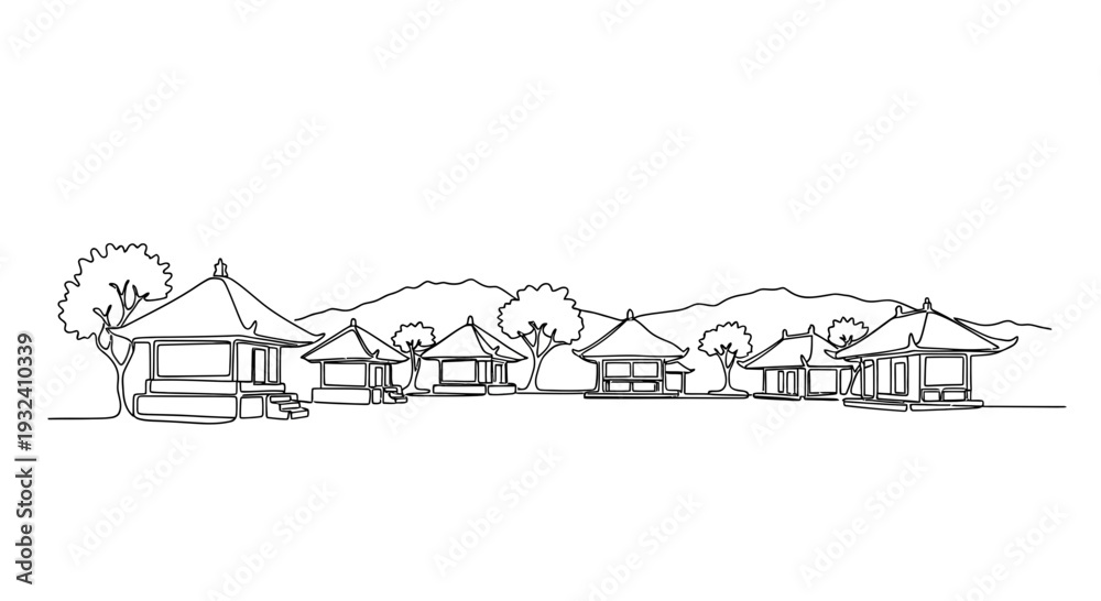 Fototapeta premium Black and White Village Houses Illustration.
