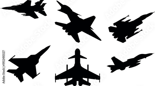 Fighter jet aircraft silhouette collection featuring modern military airplanes in multiple flying angles, combat aviation vector icon set isolated on white background