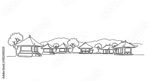 Black and White Village Houses Illustration.