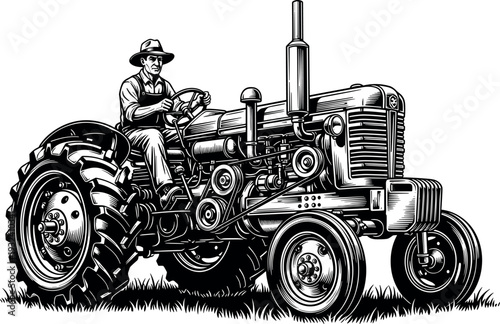 Farmer driving vintage tractor on farmland field detailed black and white illustration, agricultural machinery concept, rural farming lifestyle, classic farm equipment vector isolated