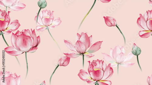 Floral seamless pattern featuring watercolor-style pink lotus flowers and buds on a light pink background