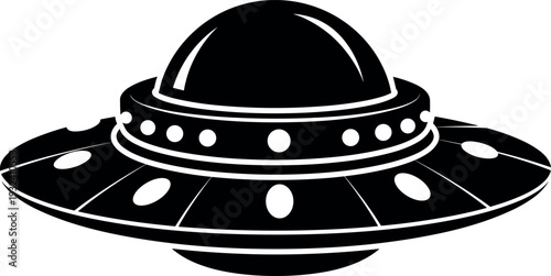 Flying UFO spaceship silhouette vector illustration, classic alien spacecraft saucer isolated on white background, science fiction extraterrestrial technology concept for space mystery design